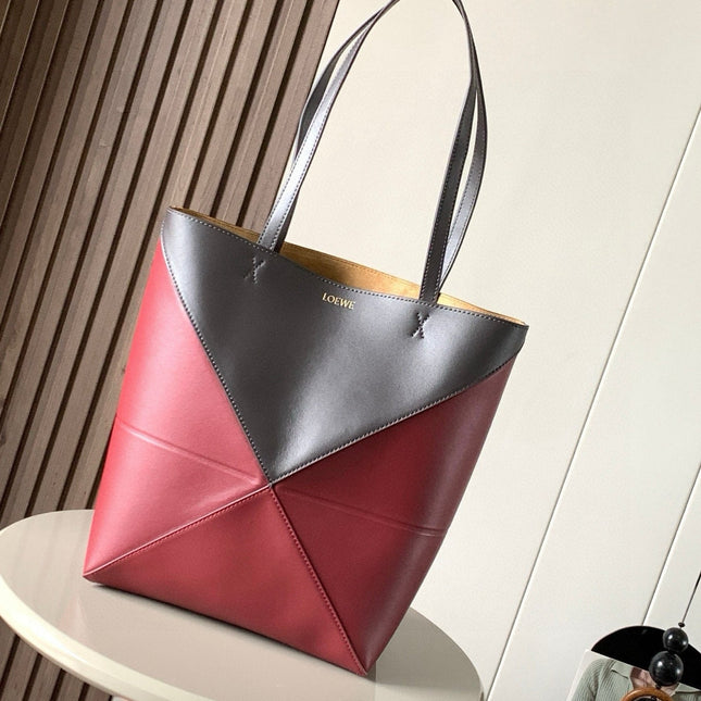 LOEWE 25S PUZZLE FOLD BAG 31 IN SOCOLA AND MAROON SHINY CALFSKIN