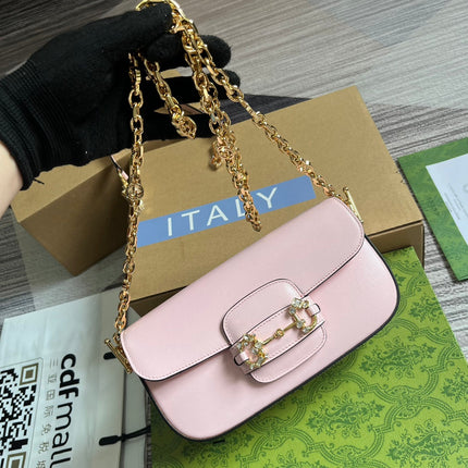 DIAMOND HORSEBIT SHOULDER BAG 24 IN LIGHT PINK CALFSKIN GOLD HARDWARE