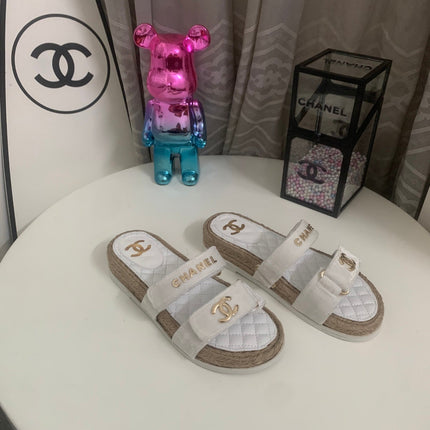 CHANEL 26S SLIDE SANDALS IN WHITE VELVET AND CALFSKIN WITH ROPE SOLE GOLD HARDWARE