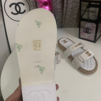 CHANEL 26S SLIDE SANDALS IN WHITE VELVET AND CALFSKIN WITH ROPE SOLE GOLD HARDWARE