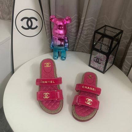 CHANEL 26S SLIDE SANDALS IN PINK VELVET AND CALFSKIN WITH ROPE SOLE GOLD HARDWARE