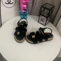 CHANEL 26S STRAPPY SANDALS IN BLACK VELVET WITH ROPE SOLE GOLD HARDWARE
