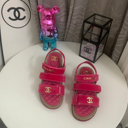 CHANEL 26S STRAPPY SANDALS IN PINK VELVET WITH ROPE SOLE GOLD HARDWARE