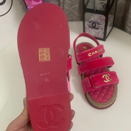 CHANEL 26S STRAPPY SANDALS IN PINK VELVET WITH ROPE SOLE GOLD HARDWARE