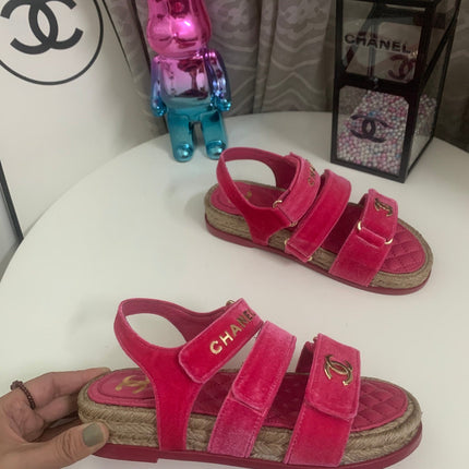 CHANEL 26S STRAPPY SANDALS IN PINK VELVET WITH ROPE SOLE GOLD HARDWARE