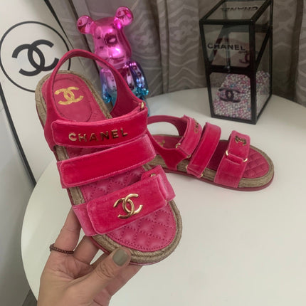 CHANEL 26S STRAPPY SANDALS IN PINK VELVET WITH ROPE SOLE GOLD HARDWARE