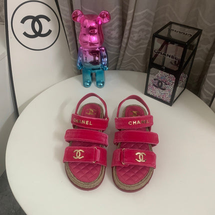 CHANEL 26S STRAPPY SANDALS IN PINK VELVET WITH ROPE SOLE GOLD HARDWARE