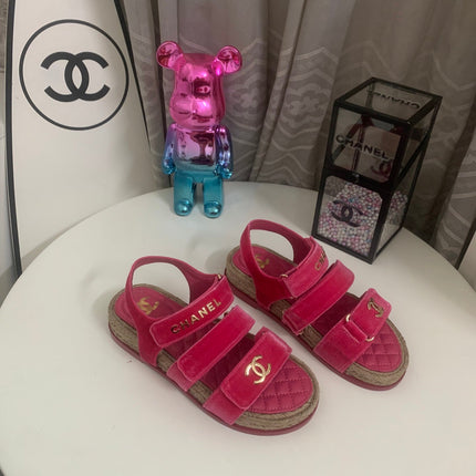 CHANEL 26S STRAPPY SANDALS IN PINK VELVET WITH ROPE SOLE GOLD HARDWARE