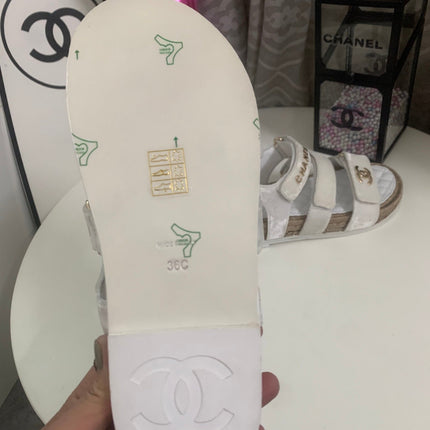 CHANEL 26S STRAPPY SANDALS IN WHITE VELVET WITH ROPE SOLE GOLD HARDWARE
