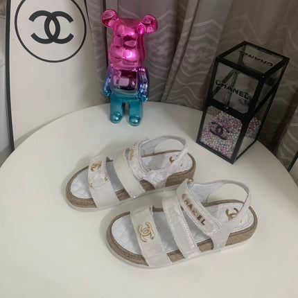 CHANEL 26S STRAPPY SANDALS IN WHITE VELVET WITH ROPE SOLE GOLD HARDWARE
