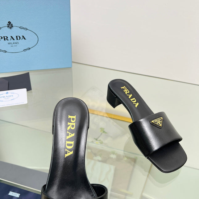 PRA EMBROIDERED SLIDES 40 BLACK CALFSKIN
