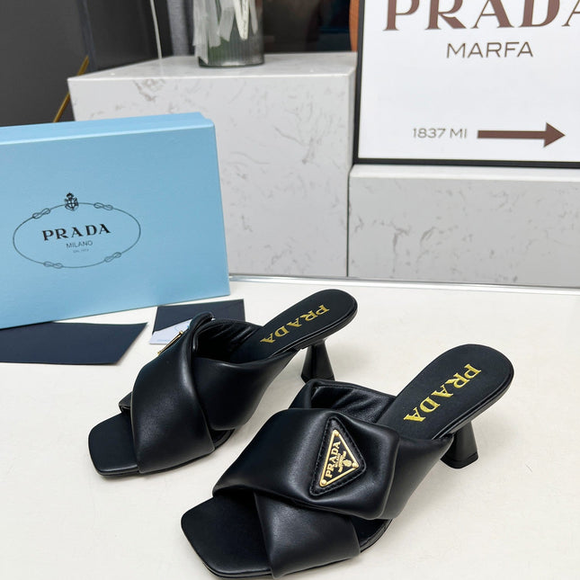 PRA CROSS MULE HEELS IN BLACK CALFSKIN WITH PADDED STRAPS