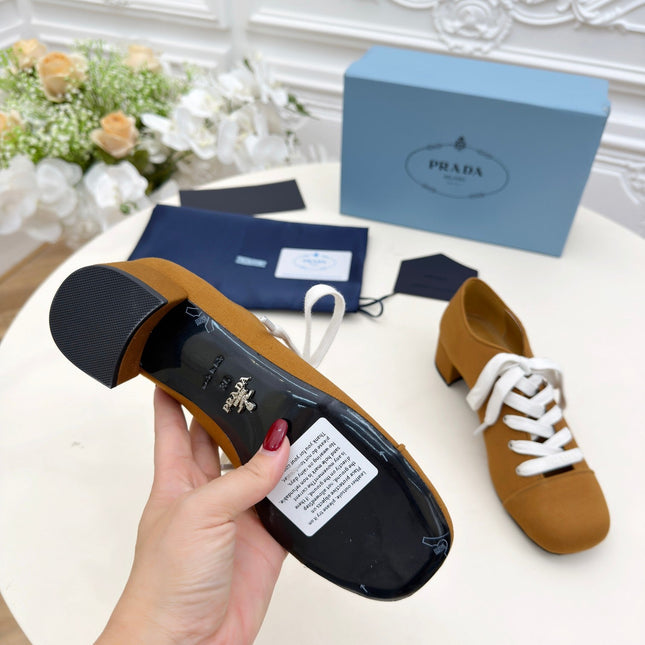 PRADA 25S MARY JANE SHOES 55 MM IN DARK CARAMEL BROWN CANVAS FABRIC