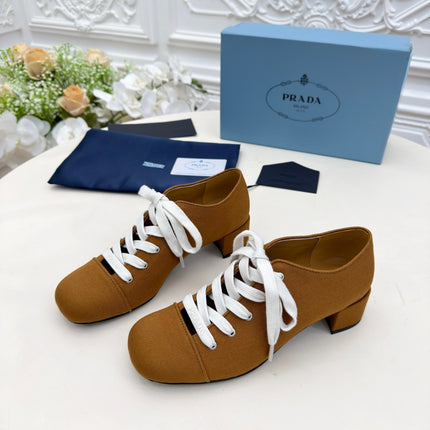 PRADA 25S MARY JANE SHOES 55 MM IN DARK CARAMEL BROWN CANVAS FABRIC