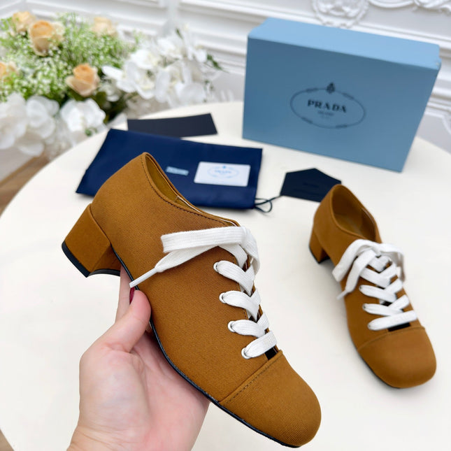 PRADA 25S MARY JANE SHOES 55 MM IN DARK CARAMEL BROWN CANVAS FABRIC