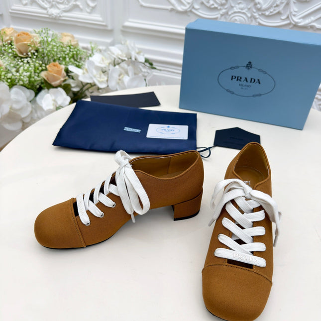 PRADA 25S MARY JANE SHOES 55 MM IN DARK CARAMEL BROWN CANVAS FABRIC