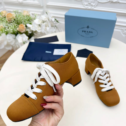 PRADA 25S MARY JANE SHOES 55 MM IN DARK CARAMEL BROWN CANVAS FABRIC