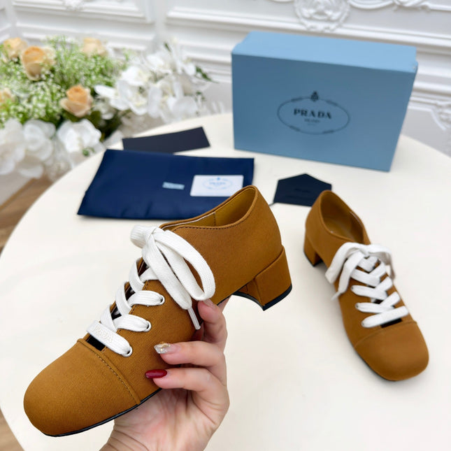 PRADA 25S MARY JANE SHOES 55 MM IN DARK CARAMEL BROWN CANVAS FABRIC