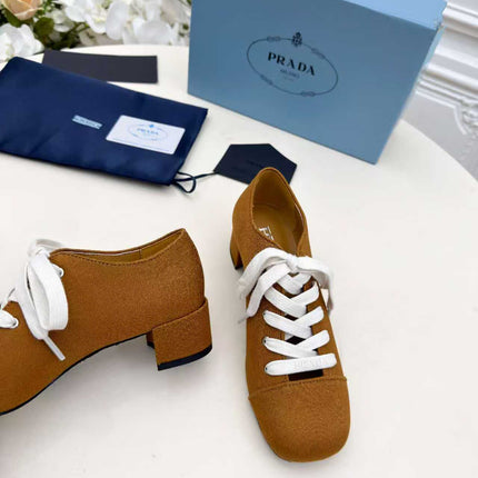 PRADA 25S MARY JANE SHOES 55 MM IN DARK CARAMEL BROWN CANVAS FABRIC