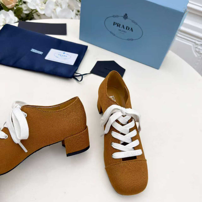 PRADA 25S MARY JANE SHOES 55 MM IN DARK CARAMEL BROWN CANVAS FABRIC