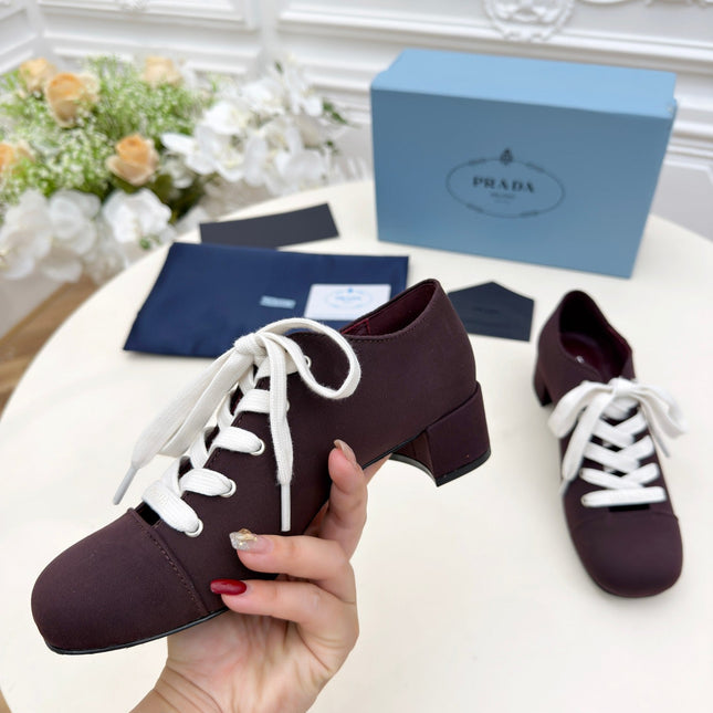 PRADA 25S MARY JANE SHOES 55 MM IN DEEP WINE BROWN CANVAS FABRIC