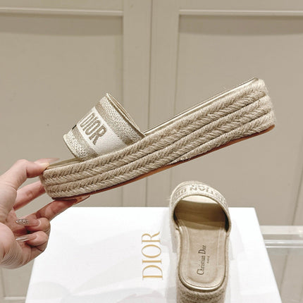 DWAY WEDGE SLIDES 45MM IN WARM GREIGE FABRIC RAFFIA SOLE