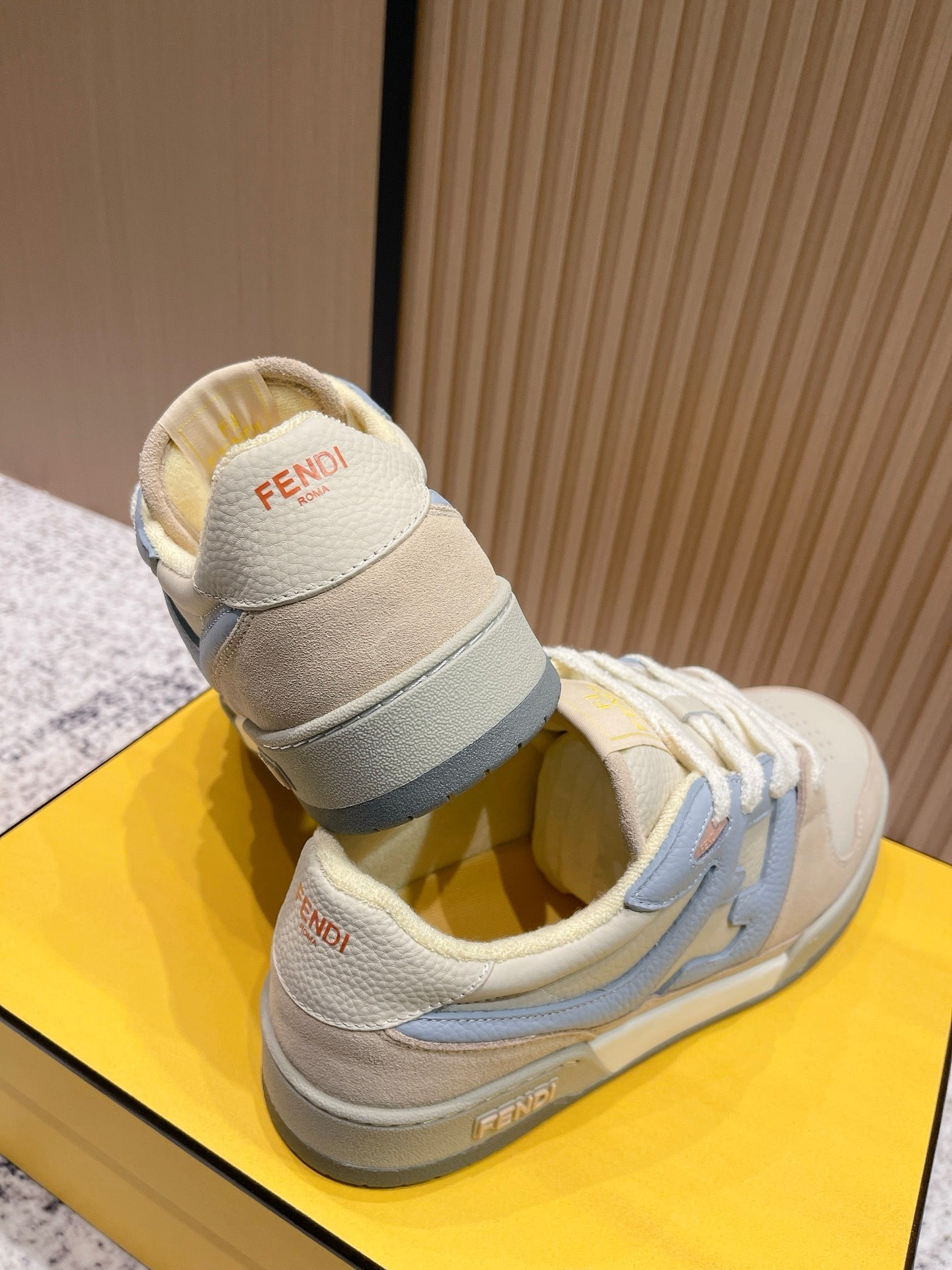 FENDI 25S MATCH SNEAKERS IN BEIGE MIX BLUE CALFSKIN AND SUEDE STYLE 10