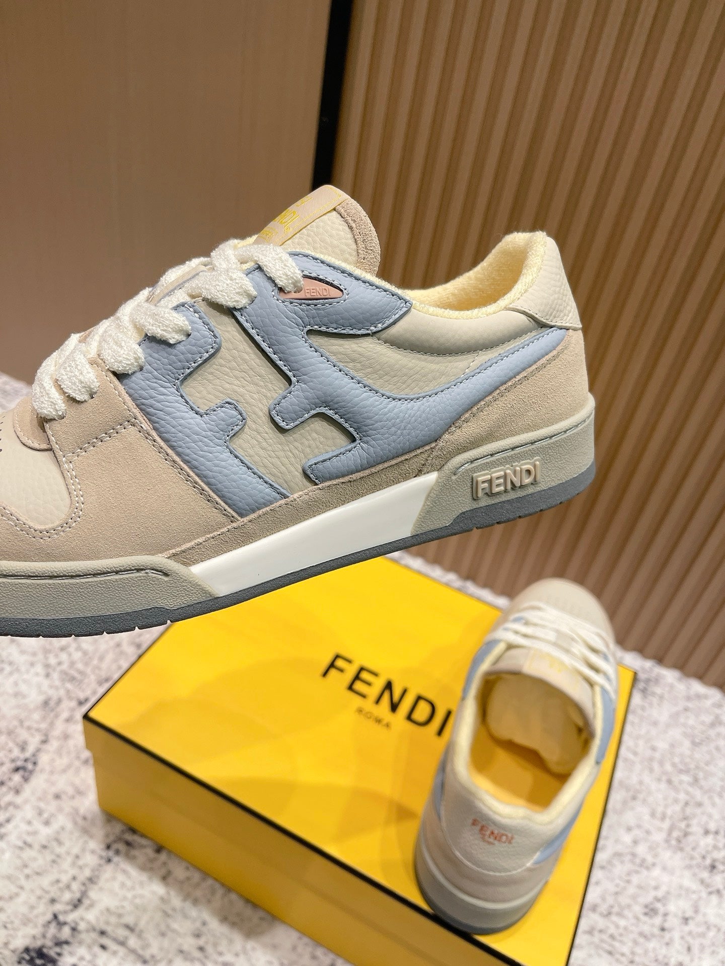FENDI 25S MATCH SNEAKERS IN BEIGE MIX BLUE CALFSKIN AND SUEDE STYLE 10