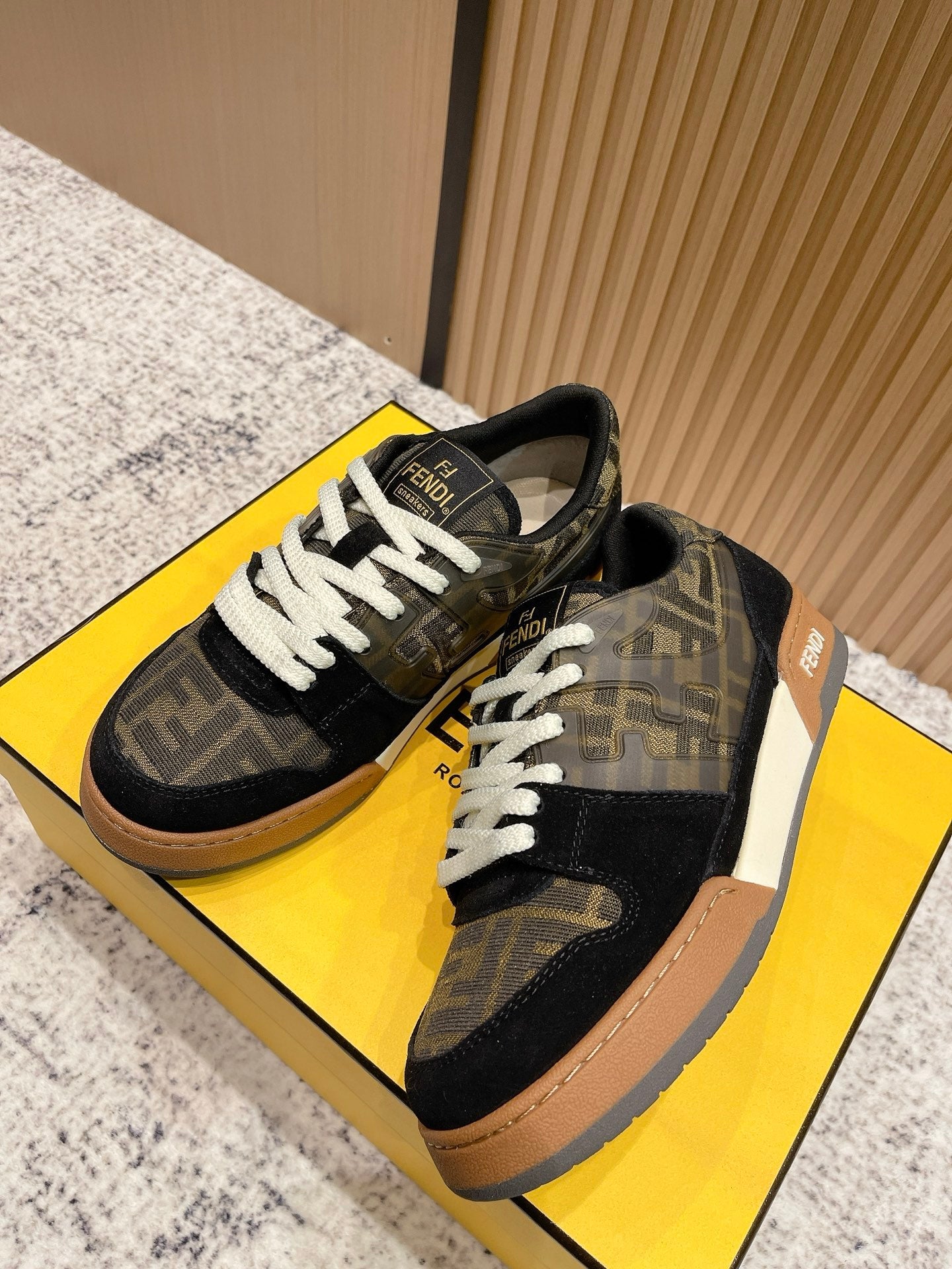 FENDI 25S MATCH SNEAKERS IN BLACK SUEDE MIX BROWN CANVAS STYLE 5