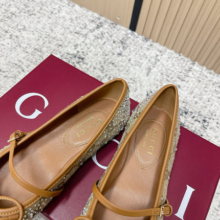 GUCCI 26S BALLET FLATS IN DARK BEIGE CANVAS WITH CRYSTALS