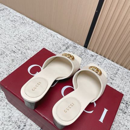 GUCCI 26S GG LOGO HIGH-HEEL MULES IN CREAM WHITE CALFSKIN