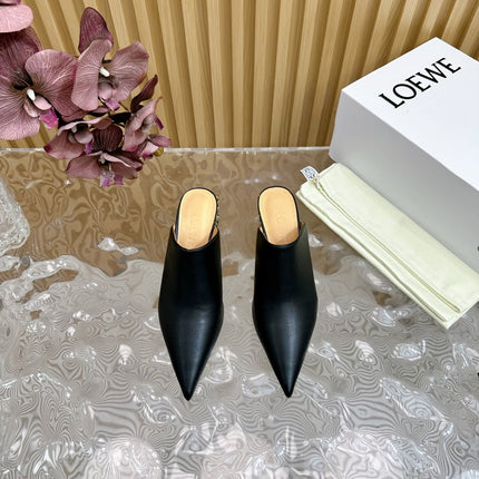 LOEWE 26S POINTED MULE PUMPS 45MM IN BLACK CALFSKIN WITH ANAGRAM HEEL