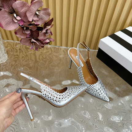 AQUAZZURA 26S SLINGBACK PUMPS 85 MM IN SILVER CALFSKIN WITH CRYSTAL