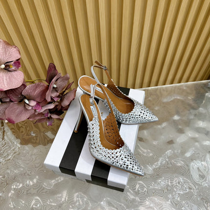 AQUAZZURA 26S SLINGBACK PUMPS 105 MM IN SILVER CALFSKIN WITH CRYSTAL