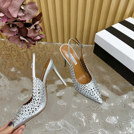 AQUAZZURA 26S SLINGBACK PUMPS 105 MM IN SILVER CALFSKIN WITH CRYSTAL