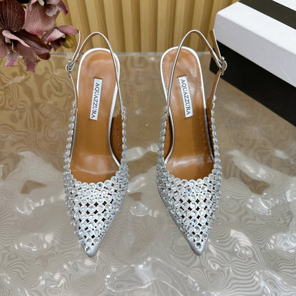 AQUAZZURA 26S SLINGBACK PUMPS 105 MM IN SILVER CALFSKIN WITH CRYSTAL
