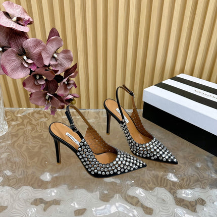AQUAZZURA 26S SLINGBACK PUMPS 105 MM IN BLACK CALFSKIN WITH CRYSTAL