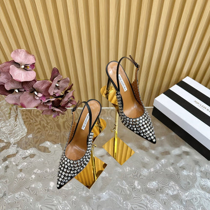 AQUAZZURA 26S SLINGBACK PUMPS 105 MM IN BLACK CALFSKIN WITH CRYSTAL