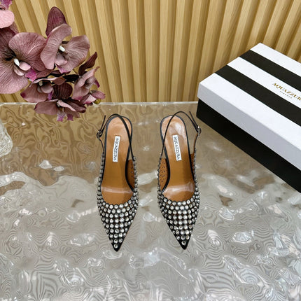 AQUAZZURA 26S SLINGBACK PUMPS 105 MM IN BLACK CALFSKIN WITH CRYSTAL