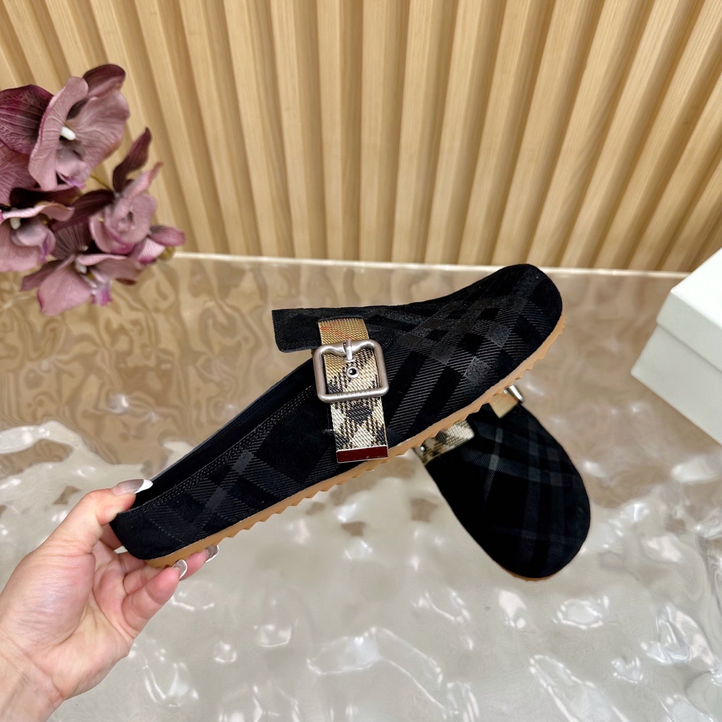 BURBERRY 26S PLAID BUCKLE MULES IN BLACK SUEDE