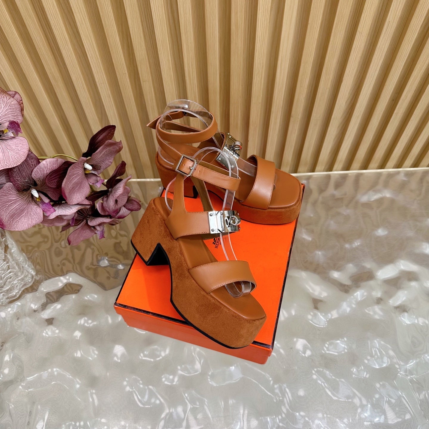 HM 25S CLASSIC WEDGE SANDALS 70 MM IN BROWN LAMBSKIN WITH SILVER HARDWARE