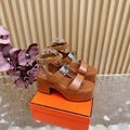 HM 25S CLASSIC WEDGE SANDALS 70 MM IN BROWN LAMBSKIN WITH SILVER HARDWARE