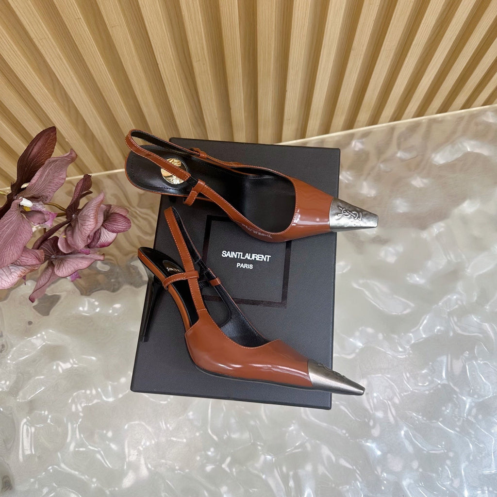 YSL 25S HIGH-HEEL SLINGBACKS 105 MM IN REDWOOD BROWN LAMBSKIN AND SILVER HARDWARE