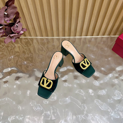 VALENTINO 25S HIGH-HEEL MULES 60 MM IN DARK GREEN VELVET AND CALFSKIN WITH GOLD HARDWARE