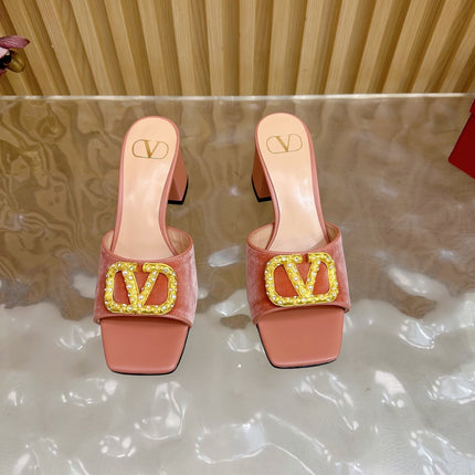 VALENTINO 25S HIGH-HEEL MULES 60 MM IN PEACH PINK VELVET AND CALFSKIN WITH GOLD HARDWARE