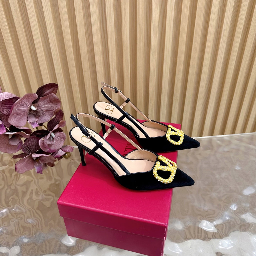 VALENTINO 25S HIGH-HEEL SLINGBACKS IN BLACK VELVET WITH GOLD HARDWARE