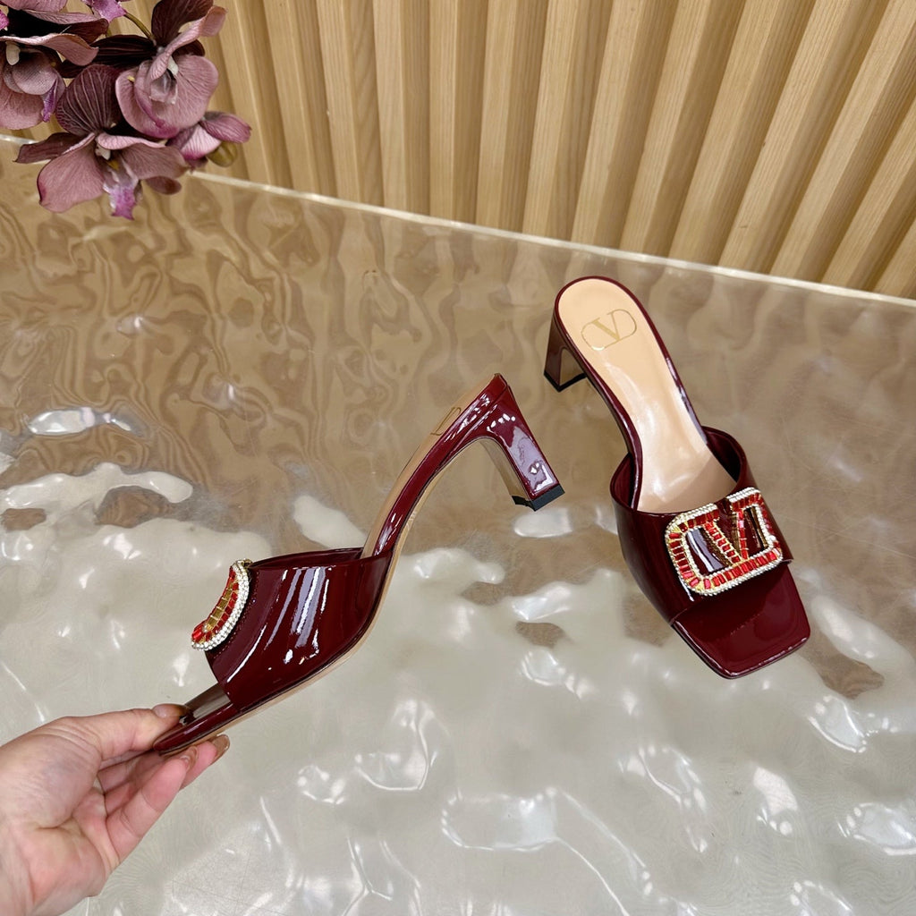 VALENTINO 25S HIGH-HEEL MULES 60 MM IN DARK RED PATENT CALFSKIN WITH CRYSTAL-EMBELLISHED STRAP