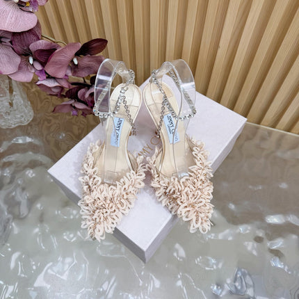 JIMMY CHOO 26S HIGH HEELS 100 MM IN NUDE PINK FABRIC AND LAMBSKIN CRYSTAL STRAPS
