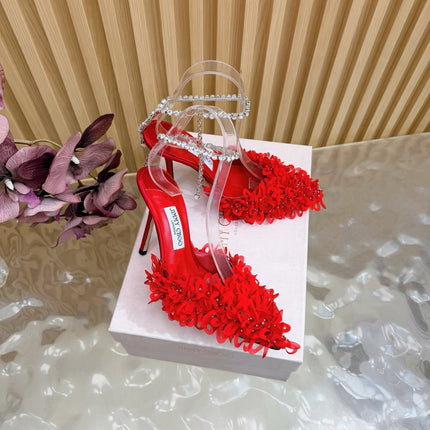 JIMMY CHOO 26S HIGH HEELS 100 MM IN RED FABRIC AND LAMBSKIN CRYSTAL STRAPS