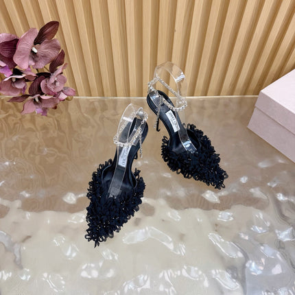 JIMMY CHOO 26S HIGH HEELS 100 MM IN BLACK FABRIC AND LAMBSKIN CRYSTAL STRAPS